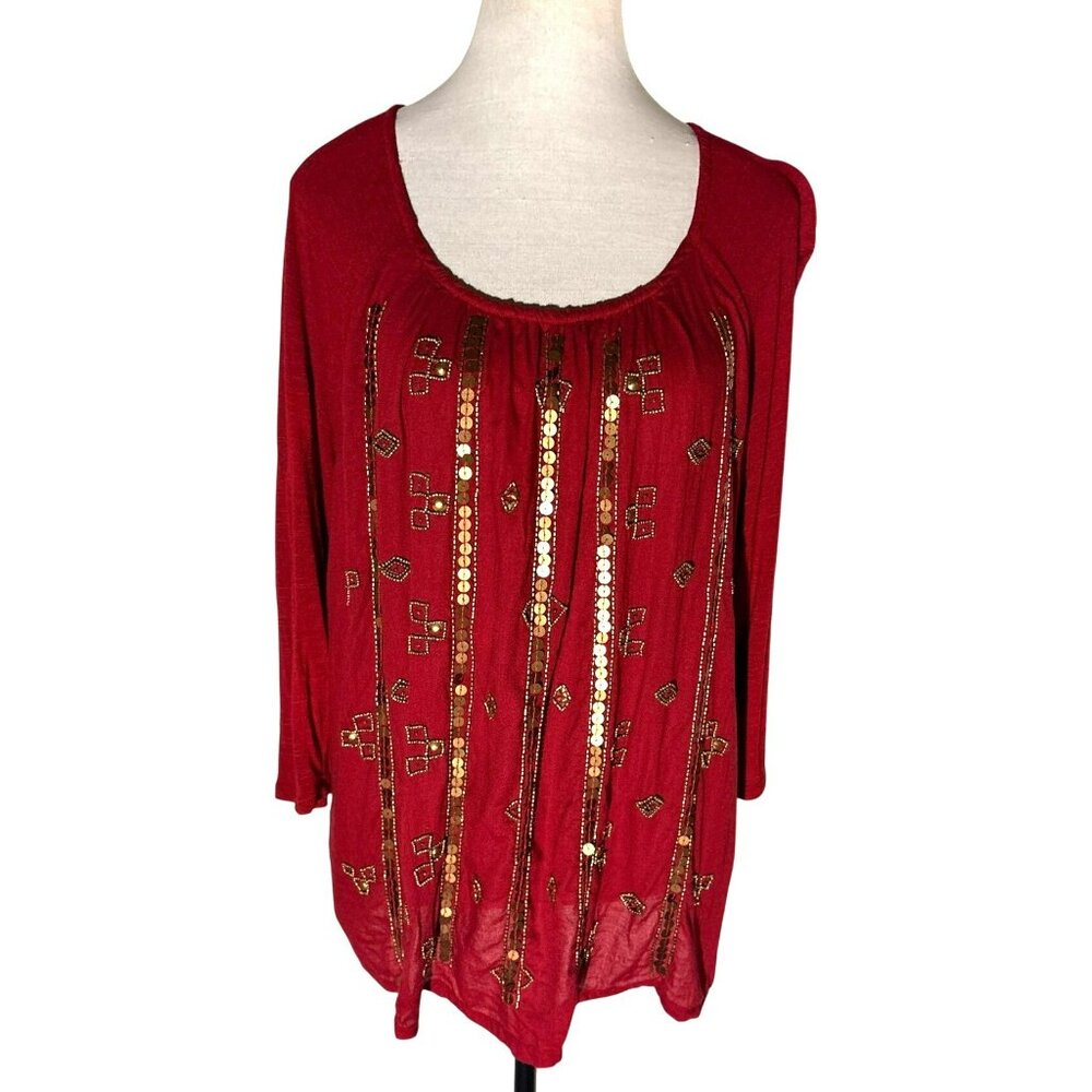 Lucky Brand Red Embellished 3/4 Sleeve Boho Top  XL